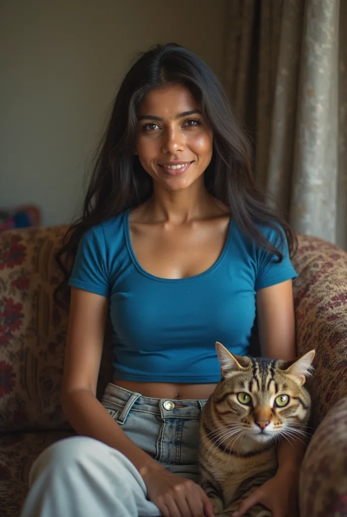 there is a woman sitting on a couch with a cat, a picture inspired by T. K. Padmini, instagram, hurufiyya, thick neck, candid photograph, traditional beauty, very beautiful enga style, candid photo, sie boob, cleavage, indian, candid shot, assamese aesthet...