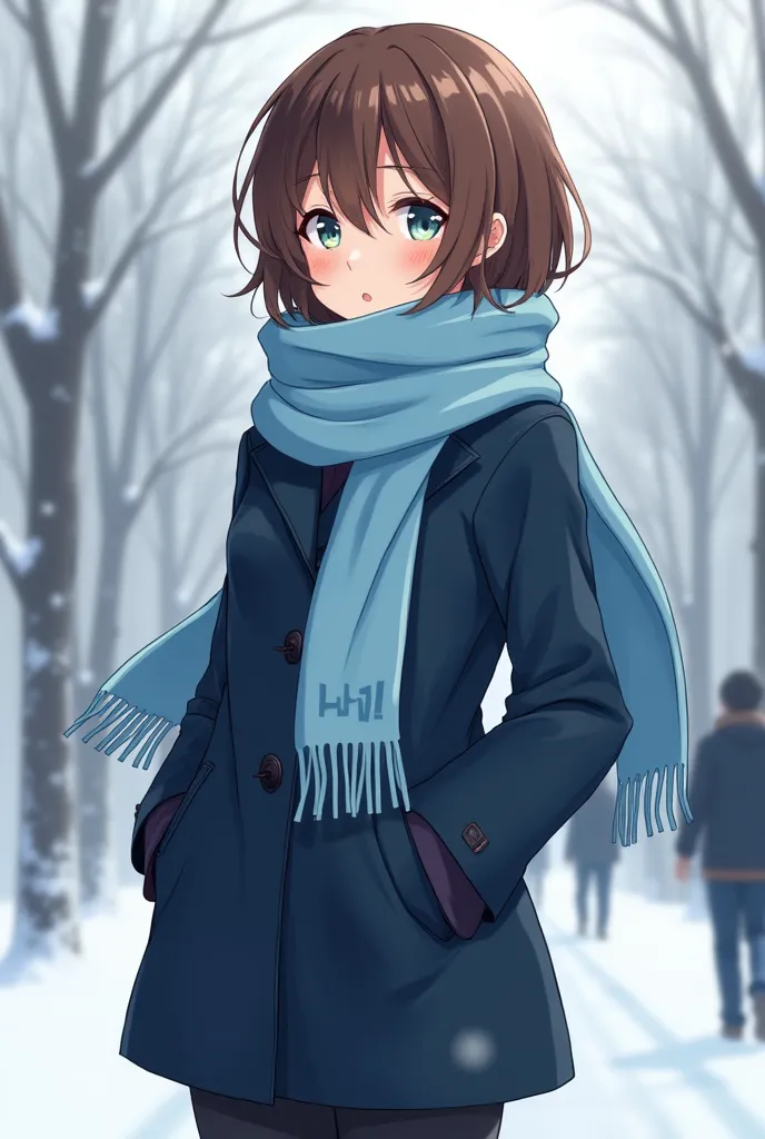 A 24 year old boy. She wears a blue coat and long pants, is brown-haired and wears very subtle lenses. She has a light blue scarf with runes cooked in dark blue all the way. It measures 1 meter 95cm and is very elegant. anime style