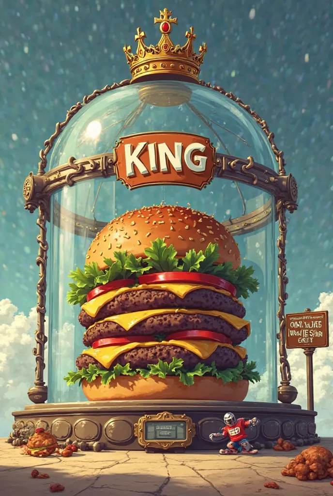 Generate an illustration where a giant hamburger is inside a glass dome with a crown on top, representing exclusivity and luxury. The dome must be protected with multiple chains, Padlocks, laser sensors and alarms, making it look like an extremely valuable...