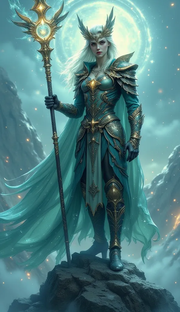 A mystical fantasy character with ethereal features, adorned in ornate enchanted armor. Their piercing eyes glow with ancient wisdom, while a flowing cape ripples with magical energy. Standing atop a misty mountain peak, they wield a staff infused with ele...