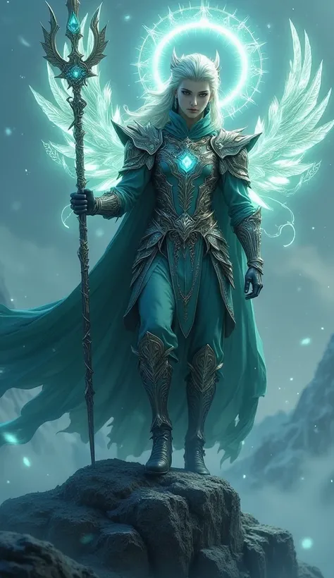 A mystical fantasy character with ethereal features, adorned in ornate enchanted armor. Their piercing eyes glow with ancient wisdom, while a flowing cape ripples with magical energy. Standing atop a misty mountain peak, they wield a staff infused with ele...