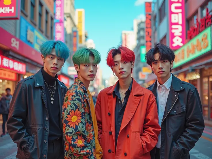 kpop boy group of 4 in colorful clothes and in a street of seoul, diferent hair colours