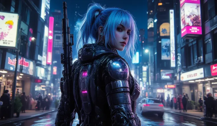 8k, hyperrealistic, photorealistic, intricate details, no low quality, extremely detailed, ultimate detail, surreal detail, finely detailed skin, cyberpunk and sci-fi world, a cyberpunk female standing in a night city in 2300 AD, vibrant blue medium hair, ...