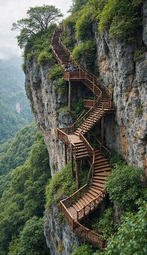 a steep wooden staircase with several mezzanines that ascend the edge of a rocky cliff. The structure is surrounded by abundant green vegetation. The environment seems to be mountainous and wooded, suggesting a remote and picturesque place. The staircase f...