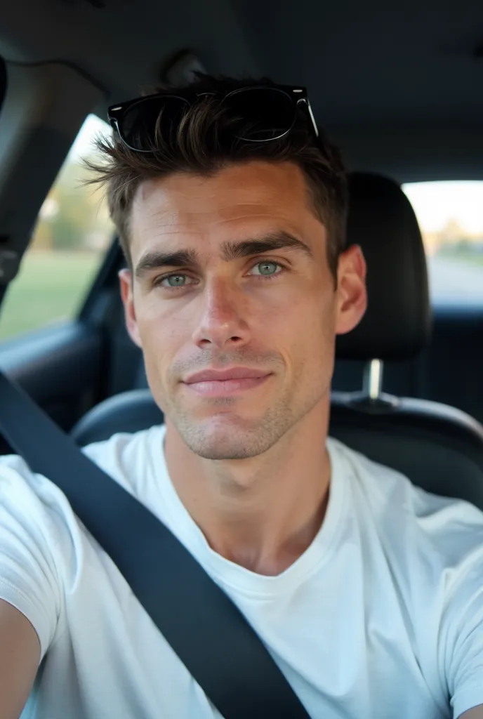 In the picture, a young man with a fair complexion ,   dark hair and an athletic, muscular build with a formal t-shirt she has an arrogant and seductive look Captures the perfect moment for a selfie in the car. Sunglasses on the head 