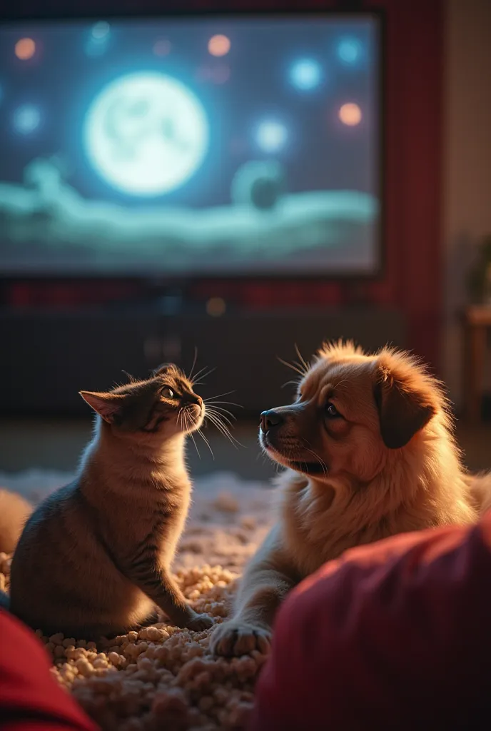 Image of a Siamese cat and a Chow Chow dog watching a movie in the spacious room, has an expression like a person.  the cat suddenly jumped up, the fur went up in fear. The cat's eyes were wide open, opened with surprise as a splash of light.  Meanwhile , ...