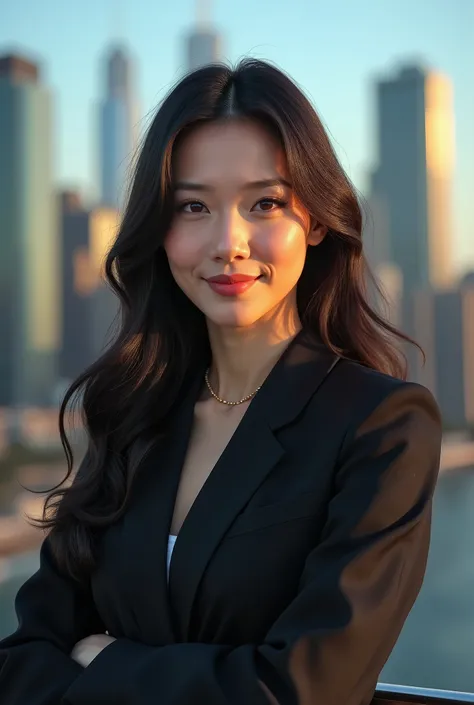 "A confident Asian woman, approximately 35 years old, with long, beautifully permed hair, deep, sweet brown eyes, and fair, glowing skin. She has a self-assured expression, standing tall in a modern business suit with a city skyline in the background. The ...