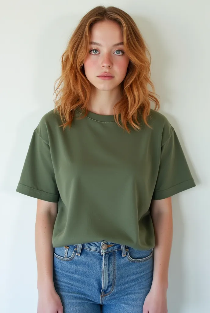 Sydney sweeney  is standing in front of a white wall, sad face,  ginger hair, wearing a baggy green t-shirt, gigantic breasts, plump pear shaped body, thick hips, wearing jeans, shy girk, face of sadie sink, freckles, age 16, white backdrop, wide hips, lon...