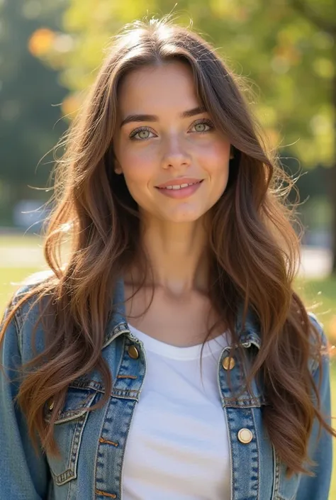  A 20-year-old woman ,  with long, wavy hair in the color light brown ,  bright green eyes,  Clear and smooth skin. She's smiling slightly,  with friendly and confident expression . Wear a casual white t-shirt and denim jacket, in an outdoor setting with s...