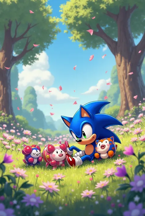 sonic and a bunch of koco's sitting in a open blossom field (sonic frontiers)