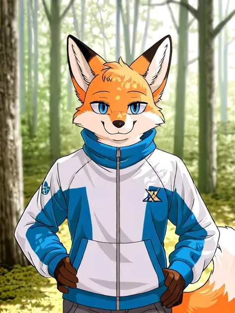 furry fox male, wearing a blue white jacket