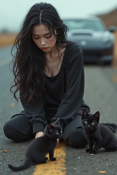 a white girl with black hair finds three black kittens on the side of the road and looks at them sadly, a black car is nearby, 3D realistic