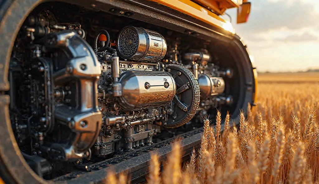 "Envision the heart of a futuristic wheat harvesting machine—its powerful, next-generation engine. Housed in a sleek, well-ventilated compartment, the engine is designed for maximum efficiency and durability. High-performance components work seamlessly to ...