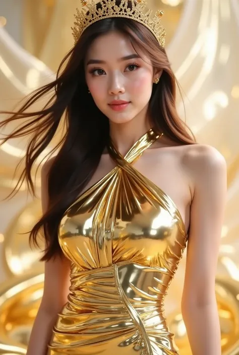 a woman in a stunning gold metallic gown that glimmers elegantly. The dress has a halter neckline and a fitted silhouette, accentuating her figure. She is wearing a golden crown-like headpiece with intricate details, complementing her overall regal appeara...