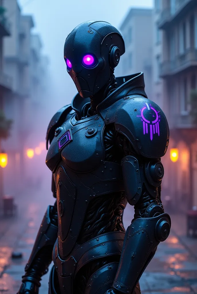 A sleek, deadly Warforged automaton standing on a dimly lit rooftop, cloaked in the shadows of a cyber-fantasy cityscape. Its dark gunmetal armor is polished yet battle-worn, reflecting neon blue and purple lights from the environment. The automaton’s face...