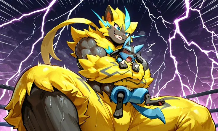 giant feral zeraora, small feral lucario, wresling, side choke hold, [zeraora:carrying person, head lock from side, arms around neck, heavy weight bulky fat, giant plump muscular body, venis popping, evil grin, looking each other, spread legs wide, wearing...
