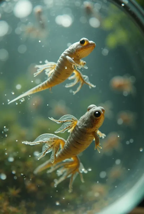 A close-up of the fishbowl with tadpoles inside – Some tadpoles starting to change, growing tiny legs.