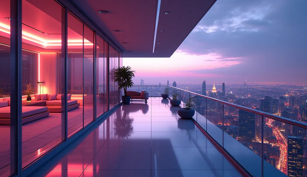 "A luxurious penthouse with a stunning neon-lit terrace, glass walls, and cutting-edge modern design overlooking a city skyline, 8K quality, highly realistic."
