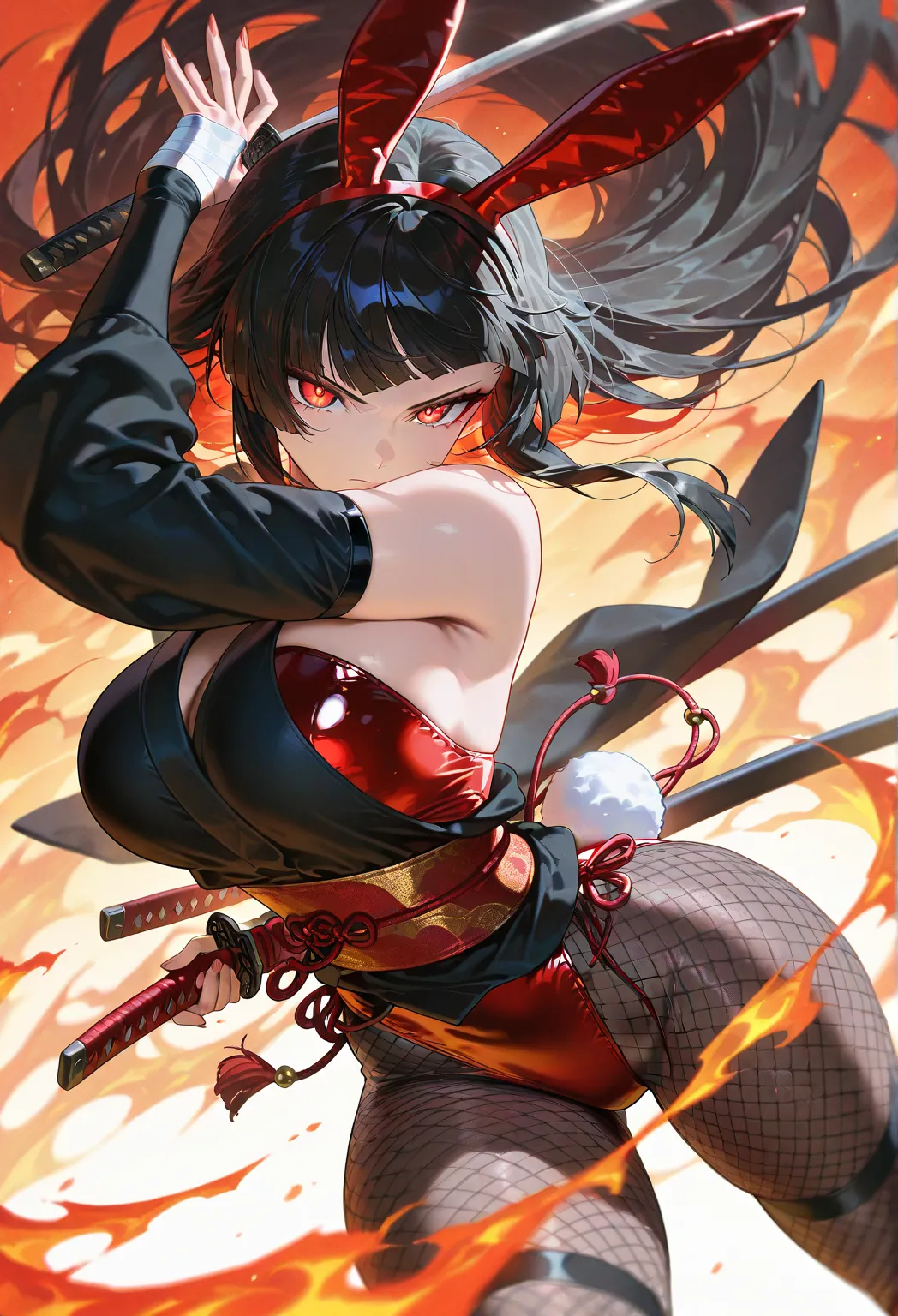 masterpiece), best quality, newest, highres, absurdres, ultra detail, extremely detailed, official art, rich colors, sharp contrast, detailed shading, perfect anatomy, good hands, solo, 1girl,large breasts,red eyes, (kunoichi), bare shoulder, sleeve less, ...