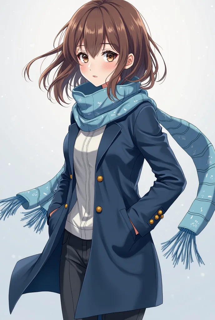 A 24 year old boy. She wears a blue coat and long pants, is brown-haired and wears very subtle lenses. She has a light blue scarf with runes cooked in dark blue all the way. It measures 1 meter 95cm and is very elegant. anime style