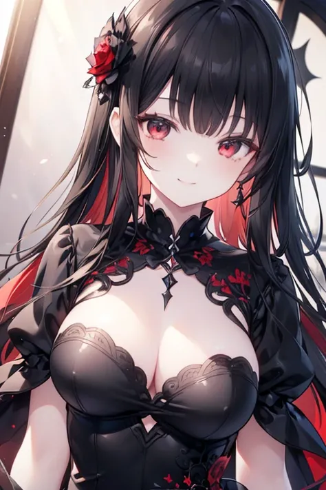 female pervert、A dark black-haired、Long hair、black dress、Upper body only, smile 
,(masterpiece: 1.2), Best Quality, High resolution, Unity 8k Wallpaper, (Illustrations: 0.8), (Beautiful black red details: 1.6), Perfect Lighting, Highly detailed CG,