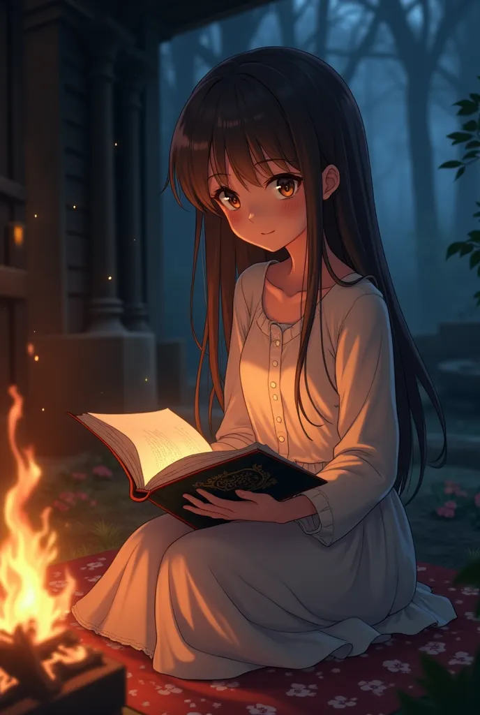 Create a Anime woMan sitting near a fire and telling a story with   holding a book 