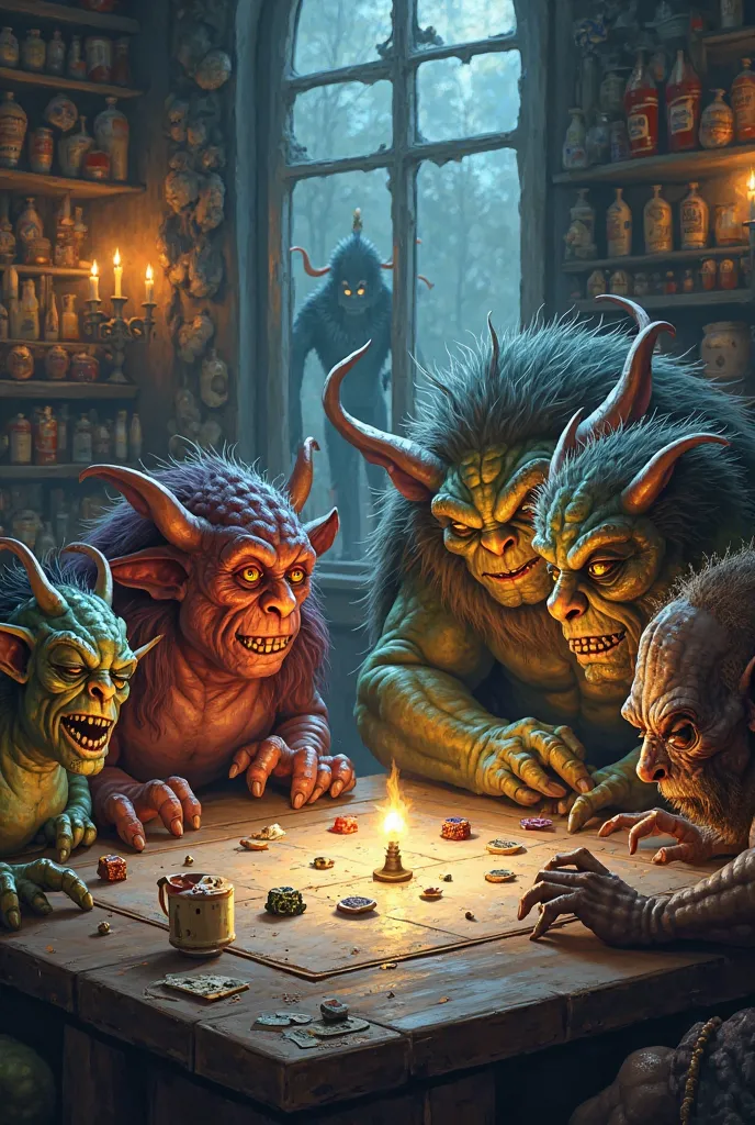 Different monsters and monsters are playing board games