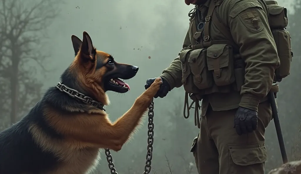 K9 German Shepherd with chains around his neck desperately shows his paw to a soldier who did this