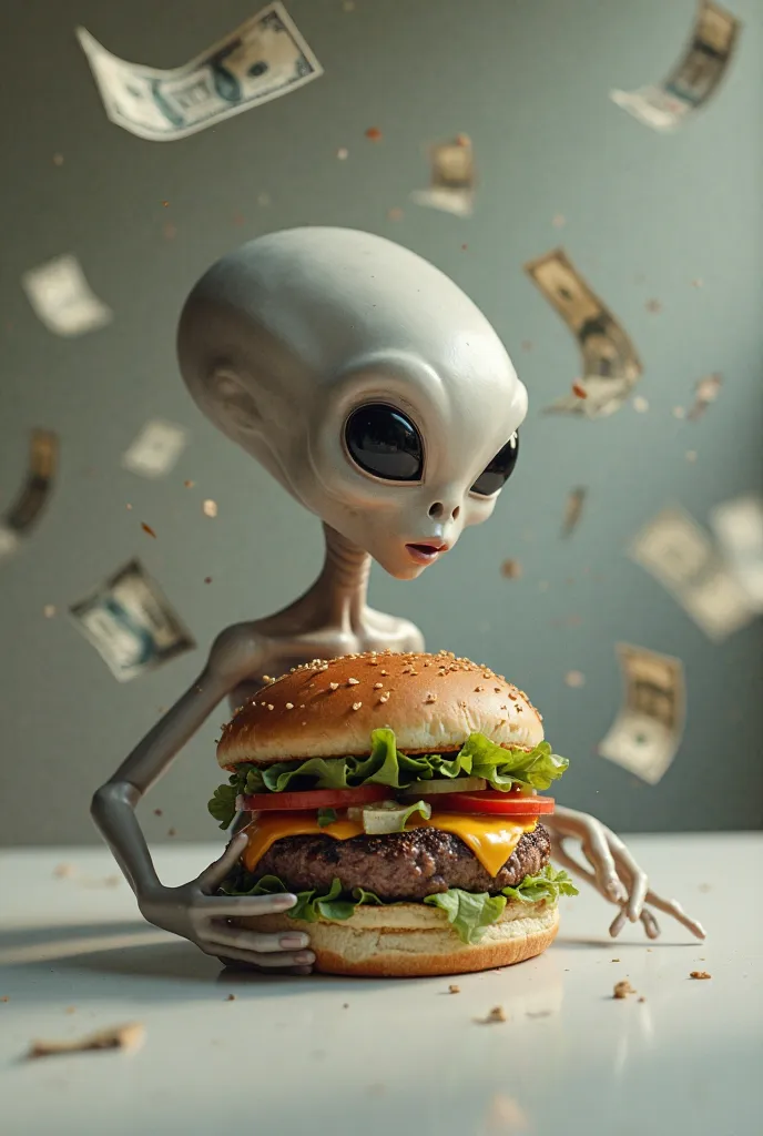 I want an alien his round head and on it a science logo making a hamburger and in the background dollars floating on the table The clean table and on the 