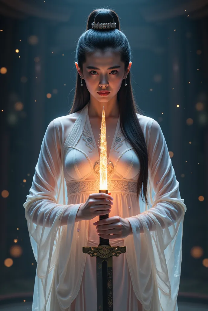 (looking at viewer, facing viewer), digital art ilustration, depth of field, cinematic light, chiarosaurio, mist, particles, sparks,reflections, a female Chinese princess (Disney princess, Dilraba Dilmurat), long straight ponytail hair, holding ancient god...