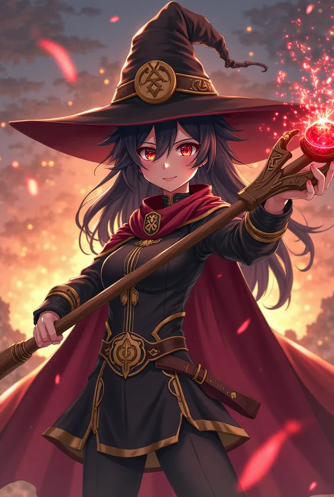 megumin from kosonuba and a confident smirk. She wears a large, pointed wizard hat with golden accents and a matching red and black cloak. Her outfit is detailed with magical glyphs and intricate embroidery. She holds a wooden staff with a glowing red gem ...