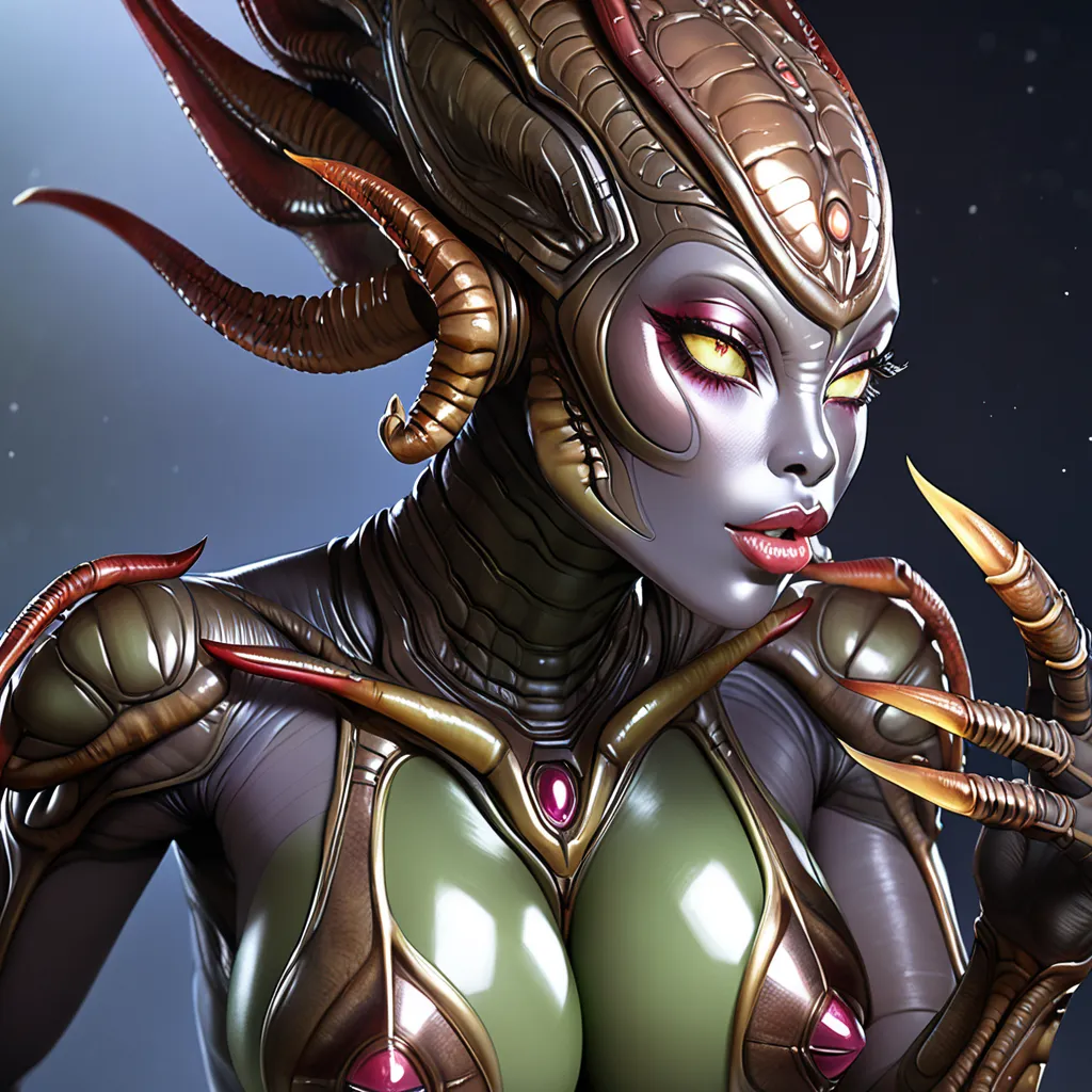 ((​masterpiece))、((highest quality))、1female alien,breasts,large breasts,nipples,lips,colored skin,claws,