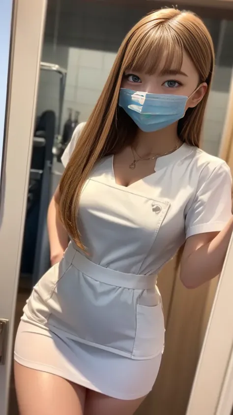 ((淡緑色のnurse uniform:1.2、nurse cosplay))、Perfect size for the body、miniskirt、Medium breast、 layer style、blond hair、Straight Bob Hair、smile、white rubber gloves、(White Mask:1.3)、smile、Standing in front of the medicine cabinet、Inside the hospital、Cinematic Wri...