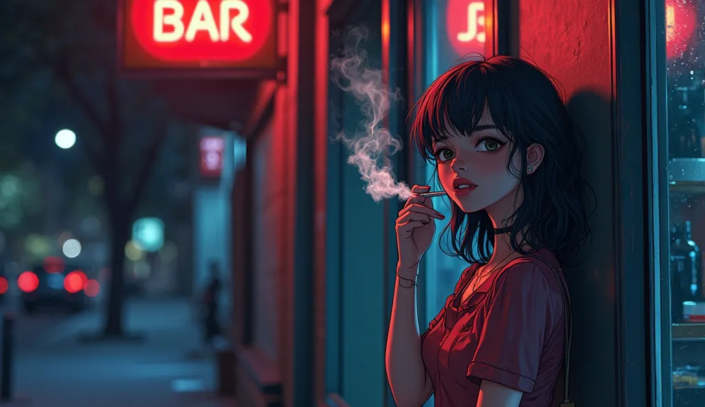 Lofi Girl Smoking Outside a Bar at Midnight
She leans against the wall of a bar, smoking in the cool midnight air. The street outside is quiet, with distant city noises. Her face is half-lit by the neon bar sign.comic animated wearing dress