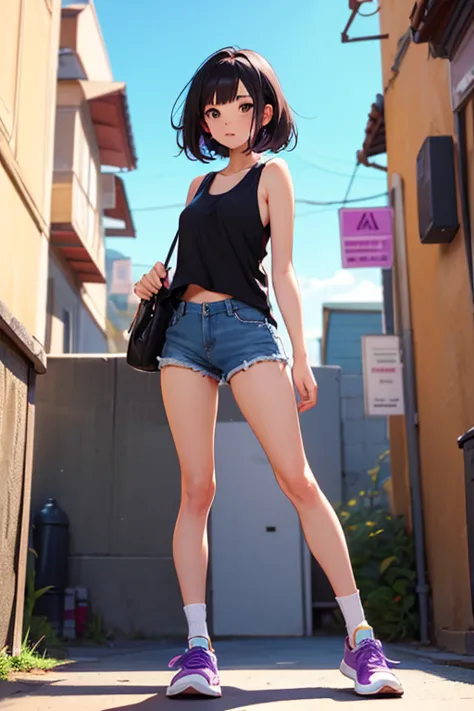 anime  girl, african-american, straight black hair, brown eyes, purple tank top, denim shorts, sockless, white sneakers