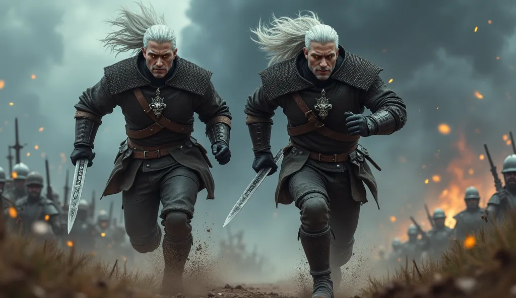 Create an image of two versions of Geralt of Rivia running toward the viewer with intense focus and determination. Both Geralts have white hair flowing behind them, piercing yellow eyes, and battle-hardened expressions. They wear dark, weathered Witcher ar...