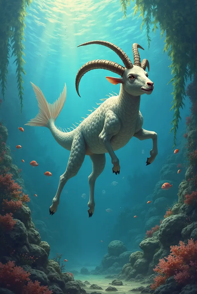 an animal with a goat's head and and a fish's boddy swimming in a sea floor