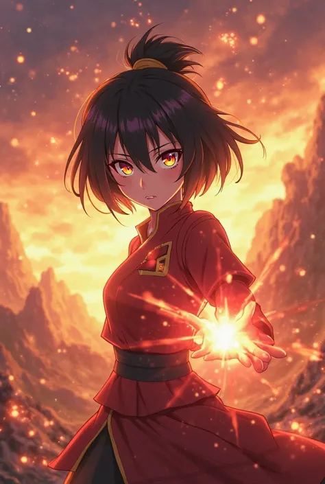 megumin from kosonuba , radiating explosive magical energy. The background is a dramatic fantasy landscape with a sky filled with magical sparks and a fiery explosion in the distance. The lighting is cinematic, with warm tones highlighting the character’s ...