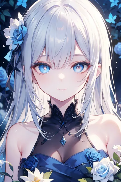 One silver girl、blue eyes、a blue dress、off shoulders、Garden of white roses、smile , (masterpiece: 1.2), Best Quality, High resolution, Unity 8k Wallpaper, (Illustrations: 0.8), (Beautiful blue eye details: 1.6),detailed faces, Perfect Lighting, Highly detai...