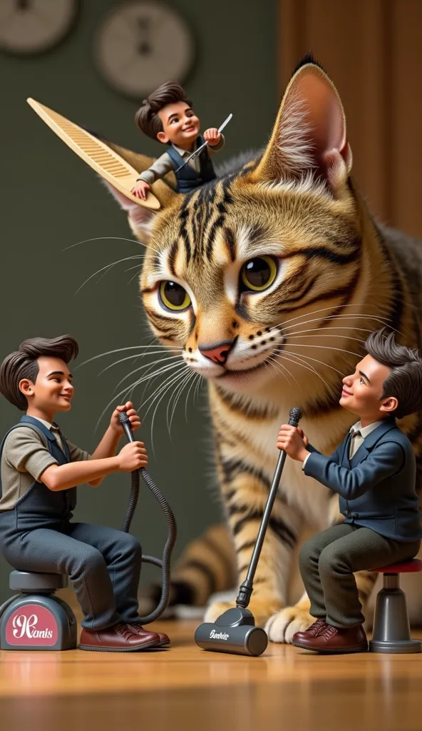 Tiny, ultra-detailed barbers giving a massive cat a stylish haircut. One barber is perched on the cat’s ear with tiny scissors, another is using a giant comb the size of a surfboard, while a third rides a miniature vacuum cleaner, sucking up loose fur. The...