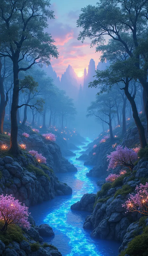 "A breathtaking, magical forest with sky-high floating mountains. The trees glow softly, their leaves illuminated by an ethereal blue light. Streams of glowing water weave through the landscape, reflecting the sky’s vibrant hues. Strange, bioluminescent fl...