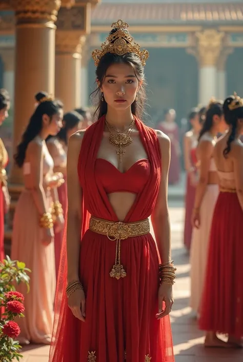 Many people, Twelve beautiful women with smooth white skin And A beautiful Asian queen with soft white skin. A beautiful Asian queen, Face facing the camera,  Wearing a red tube top, sexy, Wearing a red scarf around the neck, Golden crown, Gold necklace, g...