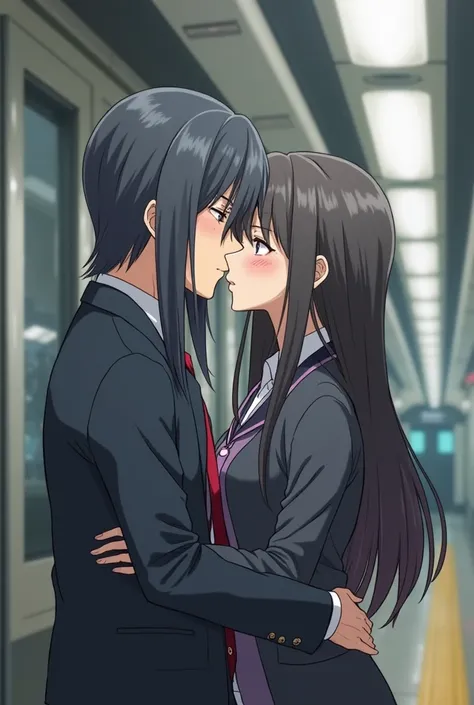 A older young looking 50 years old muscular Japanese anime woman with long straight dark gray hair , wearing a school uniform at a subway station kissing a 23 years old men with short black hair Japanese moe anime tv series