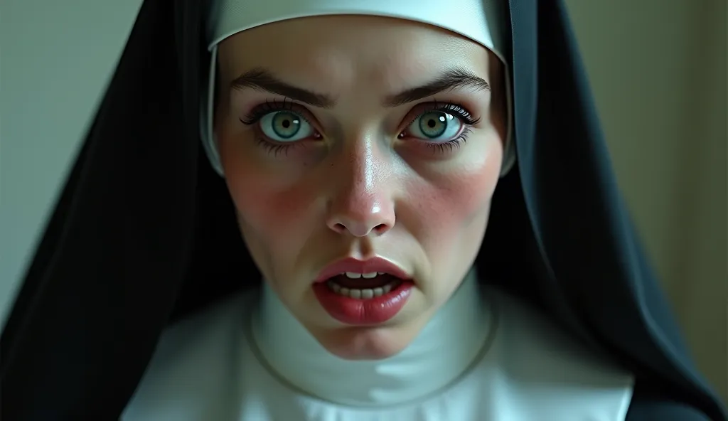  The Nun's Face,  with wide eyes  , while observing a forbidden scene. His expression is a mixture of surprise, fear and denial.



