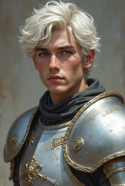 fair-haired boy , 21 years old. Slight freckles on the cheeks and nose, sharp, upturned nose. Sharp and manly jaw. wavy hair, messy and white , He is dressed in silver armor.