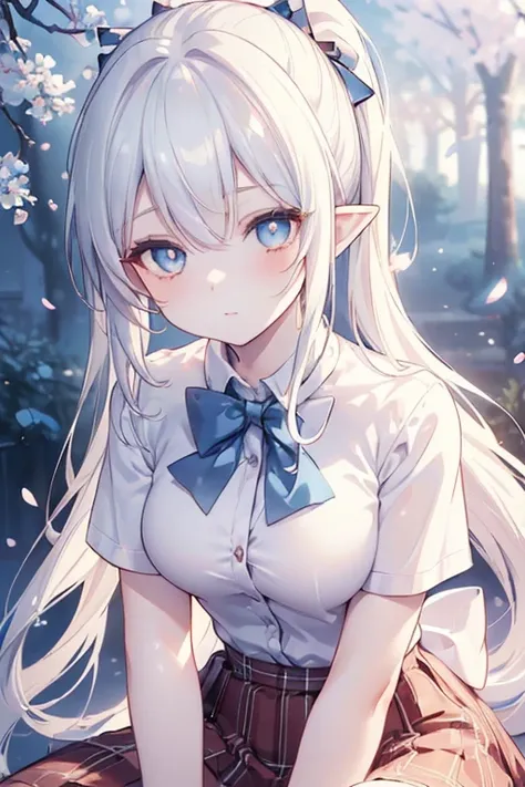 ((masterpiece, best quality, high resolution, UHD, pixel perfect, depth of field, 4k, RTX, HDR)), 1girl,elf,single, solo, 1, beautiful anime girl, beautiful art style, anime character, ((very long hair, white hair,pony tail)), ( dark red eyes:1.4, round ey...