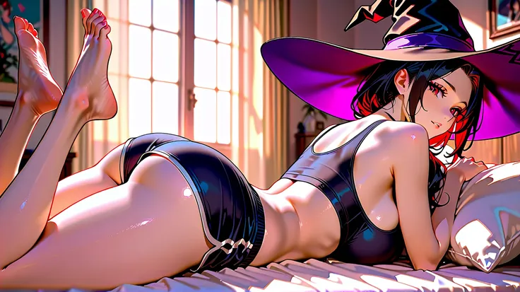 masterpiece, Highest quality, older woman, WITH MANY CURVES, very attractive, shorts, crop top, witch hat,  lying on the bed in her room, asleep, lying on stomach, very sexy, barefoot, buttocks, hot summer day,blue and black palette intensifies the mood, e...