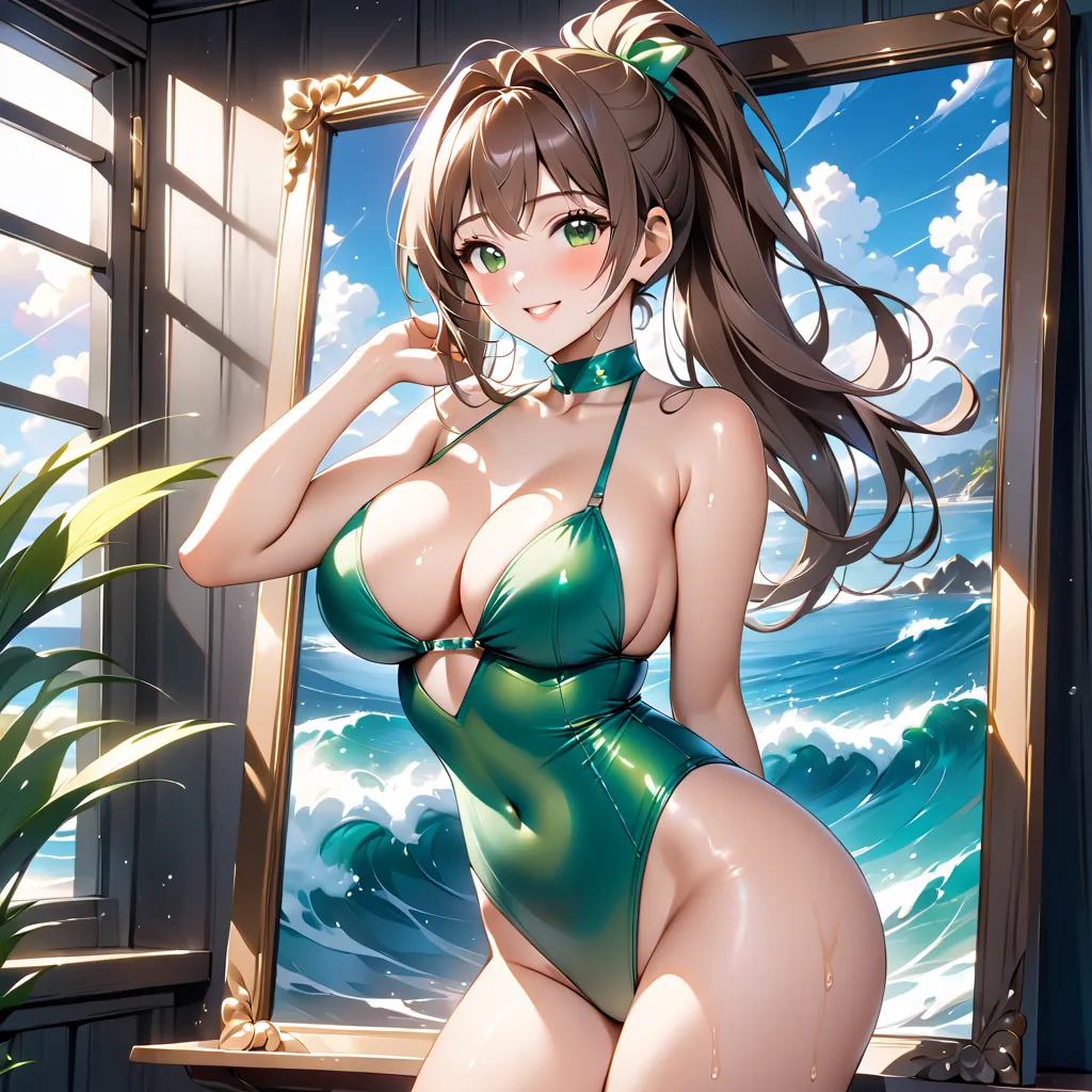 masterpiece, highest quality, High Resolution, (Makoto Kino),1990s \(style\),green swimsuit、green bikini,( E cup beautiful breasts)、is tall、I'm sweaty all over my body、vapor、 muscular、 sexy、semen、 front configuration 、innocent smile、Anime-style painting st...