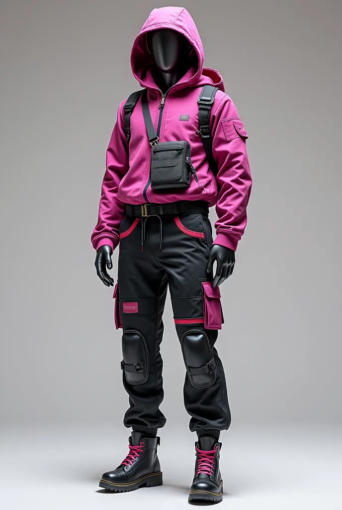 Generate a full mannequin , with full clothing and footwear , using techwear style , combined with Kawai , containing colors , negro , pink , violet or pastel , in the garment you can combine with military accessories , or that are used amen the metallurgi...