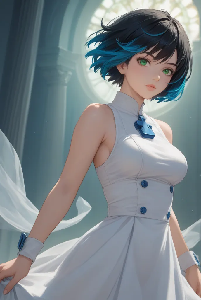 girl with big breasts,short black hair with blue lock, Green Eyes 2D anime 